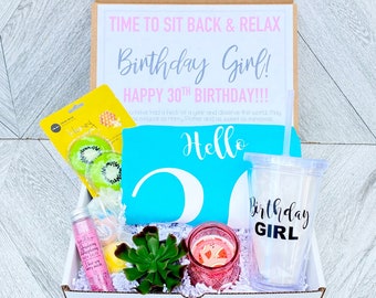 Spa Birthday Gift Set - HELLO 30 Spa gift box with Birthday Girl Shirt - Tumbler - Complete Spa Items - Succulent and Candle