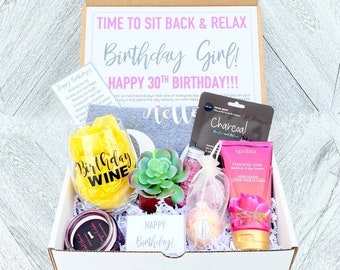 Spa Birthday Gift Set - HELLO 30 Spa gift box with Birthday Girl Tank - Wine glass or Tumbler - Complete Spa Items - Succulent and Candle