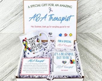 ABA Behavioral Therapist Gift Box - Personalized Autism Teacher Gift -  Gift Set with Mug, Bracelet and Cards - Changing lives one session