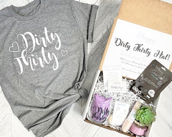 Spa Birthday Gift Set - Dirty Thirty Spa gift box with Birthday Girl Shirt - Wine glass - Complete Spa Items - Succulent and Candle