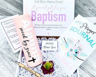 Baptism Gift Set for Girls - Tumbler, Prayer Journal, Bible Verse Pen, Succulent, Prayer Poem and card.