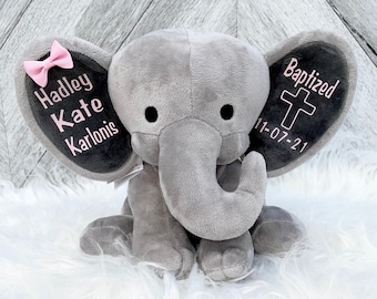 Baptism Gift Baby Elephant for New Baby - Stuffed Animal Elephant with Baby Baptism Date