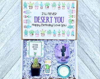 Cactus Gift Box - Cactus Birthday I will Never Desert You- Wine Glass or Flask - Candle and matches