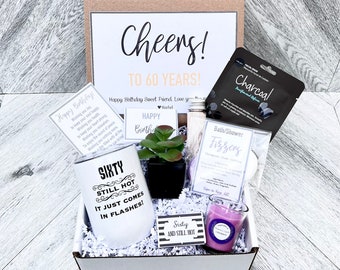 Cheers to 60 Years Birthday Box Set - Spa Set - Wine tumbler - Candle and Matches - Succulent