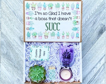 Succulent Gift Box - I’m Glad I have a Boss that Doesn’t Succ - Succulent Gift Set - Wine Glass or Flask - Candle and matches