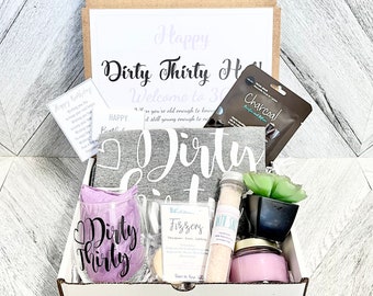 Spa Birthday Gift Set - Dirty Thirty Spa gift box with Birthday Girl Shirt - Wine glass - Complete Spa Items - Succulent and Candle