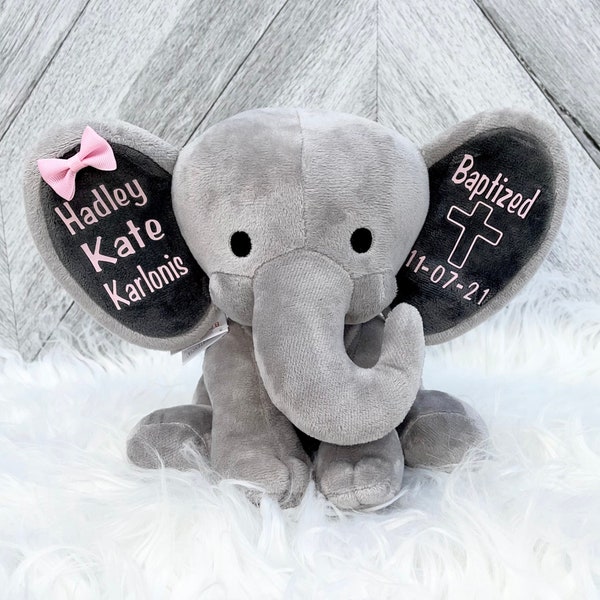 Baptism Gift Baby Elephant for New Baby - Stuffed Animal Elephant with Baby Baptism Date