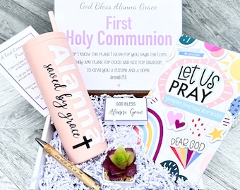 Communion Gift Set - First Holy Communion - Tumbler, Prayer Journal, Bible Verse Pen, Succulent, Prayer Poem and card.