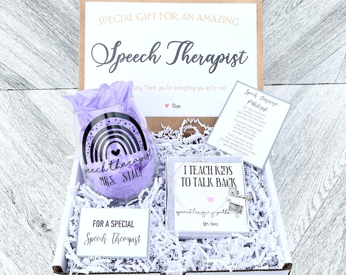 Featured listing image: Speech Therapist Gift Box - Personalized Speech Language Pathologist Gift - Speech Teacher Gift Set with Teacher Glass, Bracelet and Cards