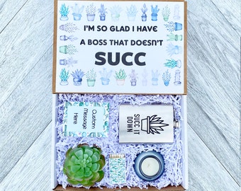 Succulent Gift Box - I’m Glad I have a Boss that Doesn’t Succ - Succulent Boss Box - Wine Glass or Flask - Candle and matches