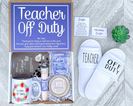 Teacher Appreciation Gift Set - Teacher Off Duty - Teacher Gift Box Set with Spa Items, Teacher Mug, Candle, Succulent, Slippers