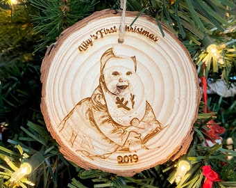 Personalized Wood Engraved Photo Ornament - Wood Etched - Laser Photo Ornament - Baby’s First Christmas