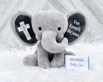 Baptism Gift Baby Elephant for New Baby - Stuffed Animal Elephant with Baby Name and Cross