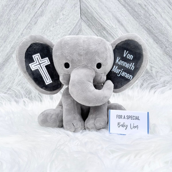 Baptism Gift Baby Elephant for New Baby - Stuffed Animal Elephant with Baby Name and Cross