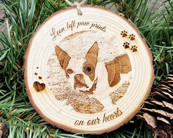 Personalized Memorial Dog Ornament - Wood Engraved - Picture Dog Ornament - Pawprints on my Heart - Pet Memorial