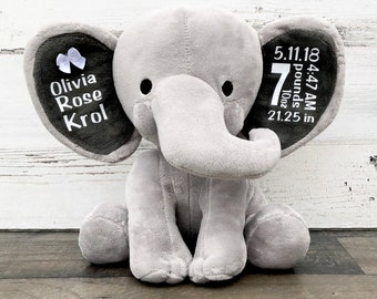 Elephant Baby Stats Gift for New Baby - Stuffed Animal Elephant with Baby Statistics