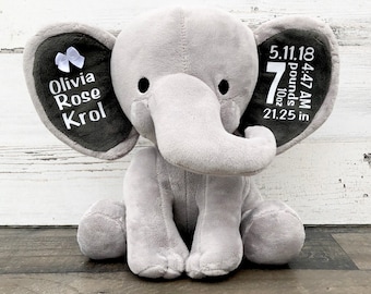 Elephant Baby Stats Gift for New Baby - Stuffed Animal Elephant with Baby Statistics