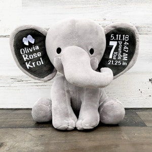 Elephant Baby Stats Gift for New Baby - Stuffed Animal Elephant with Baby Statistics
