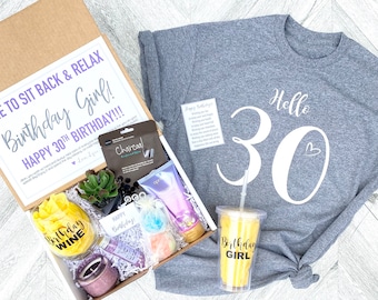 Spa Birthday Gift Set - HELLO 30 Spa gift box with Birthday Girl Shirt - Wine glass or Tumbler - Complete Spa Items - Succulent and Candle