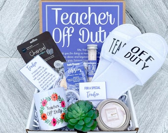 Teacher Appreciation Gift Set - Teacher Off Duty - Teacher Gift Box Set with Spa Items, Teacher Mug, Candle, Succulent, Slippers