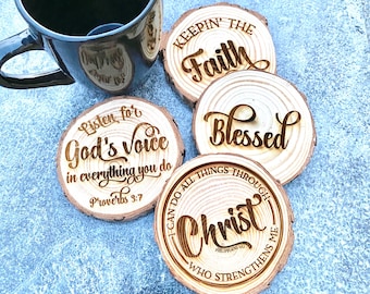 Christian Coasters - Wood Engraved - Coasters with Christian Sayings and Bible Quotes - Set of 4 Coasters