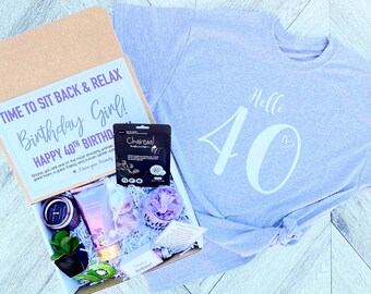 Spa Birthday Gift Set - HELLO 40 Spa gift box with Birthday Girl Tank - Birthday Wine - Complete Spa Items - Succulent and Candle