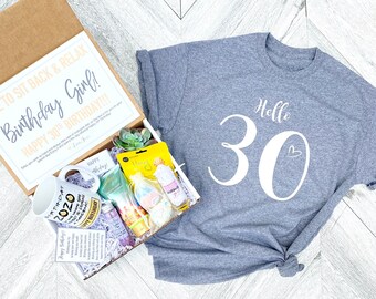Pandemic Birthday Gift Set - HELLO 30 Spa gift box with Birthday Girl Shirt - Mug or Shot Glass - Complete Spa Items - Succulent and Candle