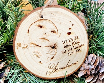 Personalized Wood Engraved Photo Ornament - Wood Etched - Baby Stats - Laser Photo Ornament - Baby’s First Christmas