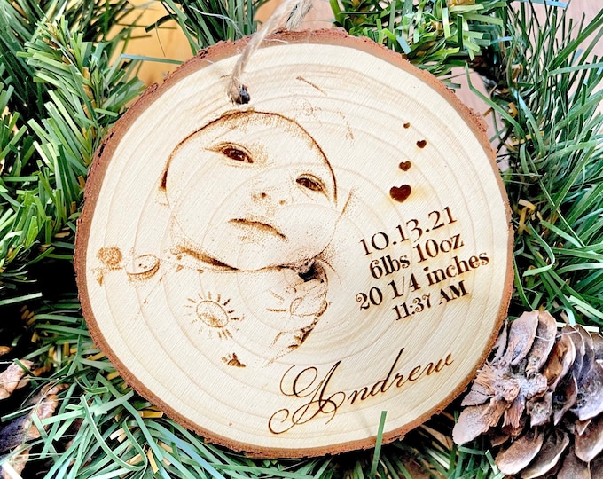 Featured listing image: Personalized Wood Engraved Photo Ornament: Baby Stats Keepsake