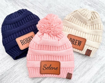 Leather Patch Beanies for Kids - 12 to 48 months - kids Beanie - Personalized Name Beanie - Boy and Girl Beanies