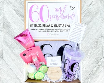 Spa Birthday Gift Set - 60 and Sensational - Spa gift box with Birthday Girl Shirt - Tumbler - Complete Spa Items and Spa Candle