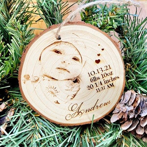 Personalized Wood Engraved Photo Ornament - Wood Etched - Baby Stats - Laser Photo Ornament - Baby’s First Christmas