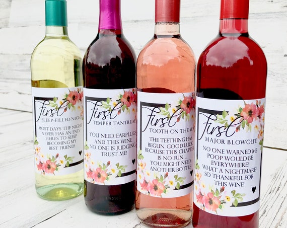 Baby Shower Wine labels - First Time Labels - Funny and Practical Baby Shower Gift for the Wine loving Mom