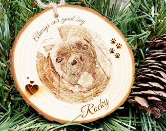 Personalized Memorial Dog Ornament - Wood Engraved - Picture Dog Ornament - Pawprints on my Heart - Pet Memorial