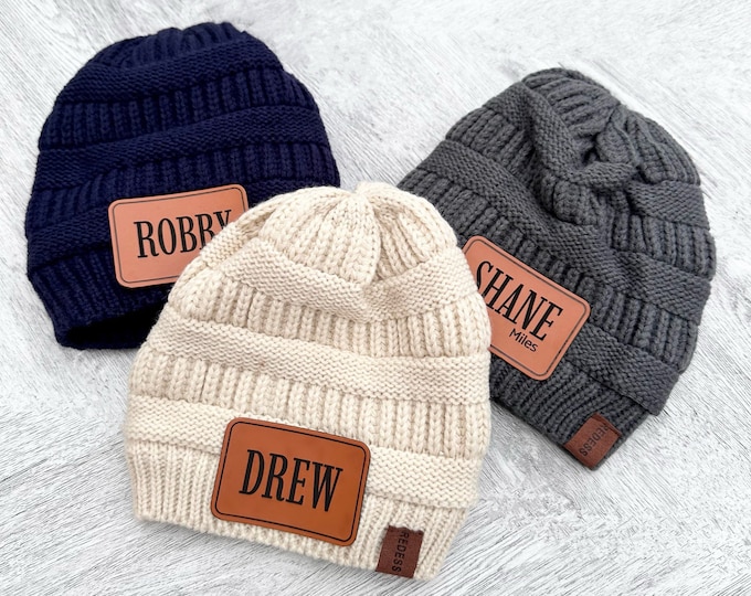Featured listing image: Leather Patch Beanies for Kids - 12 to 48 months - kids Beanie - Personalized Name Beanie - Boy and Girl Beanies