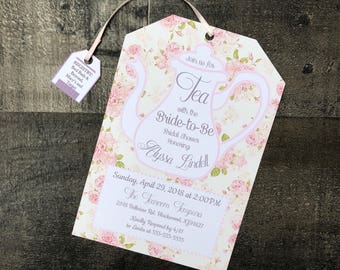 Tea Party Bridal Shower Invitations - Tea Party Baby Shower Invitations - Tea Bag Shape - Customizable - Envelopes Included