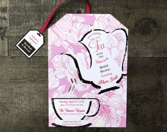 Tea Party Bridal Shower Invitations - Tea Party Baby Shower Invitations - Tea Bag Shape - Customizable - Envelopes Included
