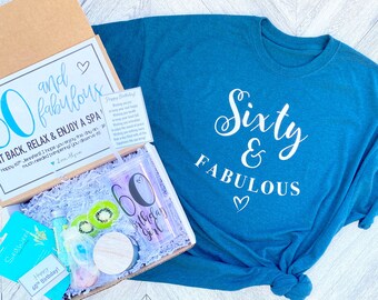 Spa Birthday Gift Set - Sixty and Fabulous Spa Set with Birthday Shirt - Birthday Tumbler - Complete Spa Set- Cards and Candle