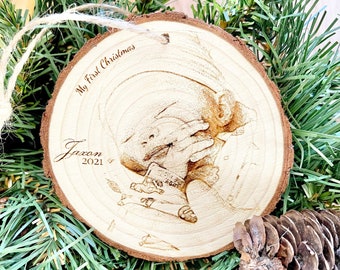 Photo Ornament - Personalized Wood Engraved - Laser Engraved Photo Ornament - Baby Stats Ornament