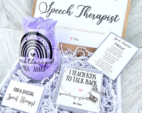 Speech Therapist Gift Box - Personalized Speech Language Pathologist Gift - Speech Teacher Gift Set with Teacher Glass, Bracelet and Cards