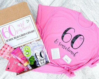 Spa Birthday Gift Set - 60 and Sensational - Spa gift box with Birthday Girl Shirt - Tumbler - Complete Spa Items and Spa Candle