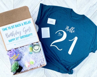 Spa Birthday 21 Gift Set - HELLO 21 Spa gift box with Birthday Girl Shirt - Birthday Wine - Complete Spa Items - Succulent and Candle