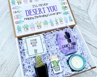 Cactus Birthday Gift Box - I’ll Never Desert You- Wine Glass or Flask - Candle and matches