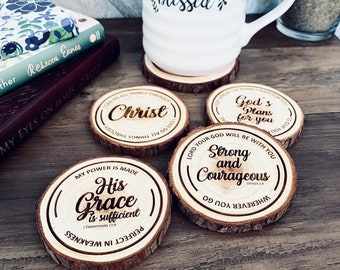 Christian Coasters - Wood Engraved - Coasters with Christian Sayings and Bible Quotes - Set of 4 Coasters