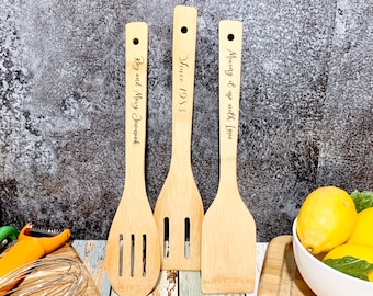 Personalized Bamboo Fork Spatula Set - Set of 3 - Mixing it up Since - Wooden Kitchen Spoon Set - Wood Engraved Kitchen Set