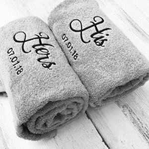 His and Hers Embroidered Bath Towels with Wedding Date - 2 Piece Set - Bridal Shower Gift - Honeymoon Towels