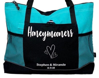 Honeymoon Bag - Cruiser Tote - Large Personalized with Bride and Groom Names and Wedding Date
