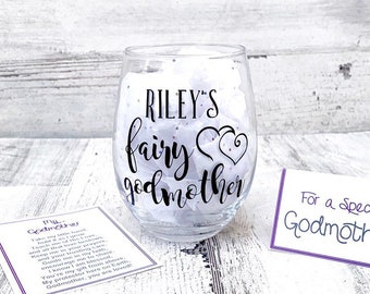 Fairy Godmother Wine Glass with Poem and Note Card - Name customized Godmother Wine gift