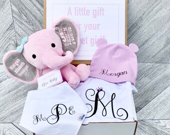 Newborn Baby Gift Box - Personalized Elephant, Snapper Baby body suit, bib, and Beanie - Newborn Box of Gifts - Baby Statistics