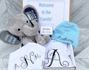 Newborn Baby Gift Box - Personalized Elephant, Snapper Baby body suit, Bib, and Beanie - Newborn Box of Gifts - Baby Statistics
